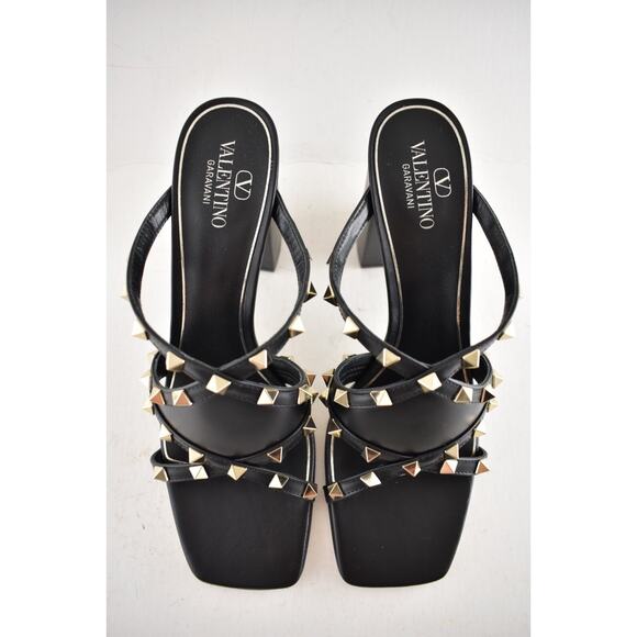 Valentino Rockstud Crisscross Leather Black Strappy Pump Block Heel Sandal 38.5 - Picture 9 of 14
